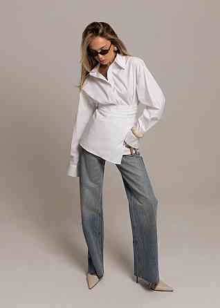 Жіноча базова приталена сорочка з поясом котон Білий Одеса