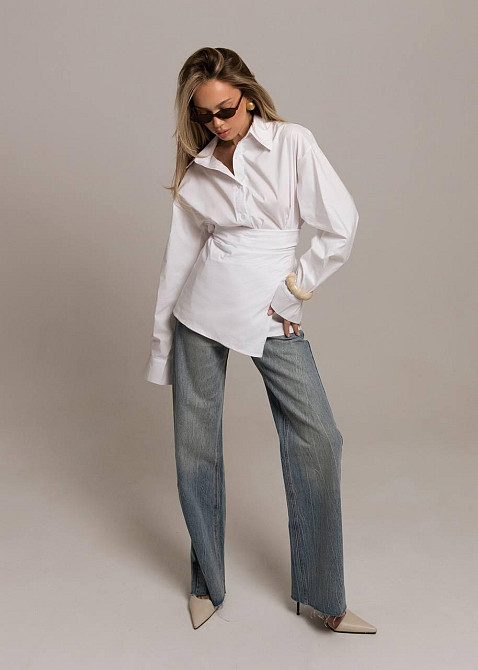 Жіноча базова приталена сорочка з поясом котон Білий Одеса - фото 1