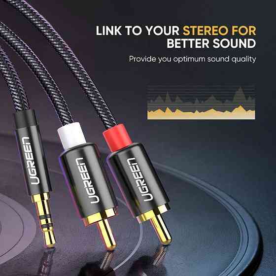 Аудіо кабель 2 RCA Jack 3.5 AUX Hi-Fi Ugreen AV116 (Чорний з сріблястим, 2м) Николаев