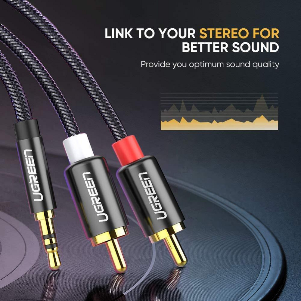 Аудіо кабель 2 RCA Jack 3.5 AUX Hi-Fi Ugreen AV116 (Чорний з сріблястим, 2м) Николаев - изображение 3