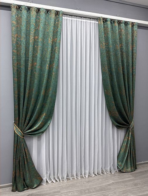 Комплект готових штор VR-Textil Жакард Fantasy № 1633ш Смарагдовий з золотистим 150х290 см 2 шт (33-0537) Київ - фото 3