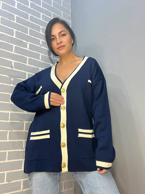 Кардиган жіночий ENJOY 001 золоті гудзики подовжений оверсайз з кишенями, темно-синій, one size Київ - фото 17
