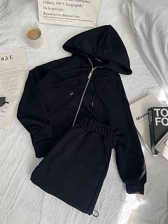 Женский прогулочный оверсайз костюм: кофта на молнии и штаны турецкая трехнить петля Черный Одесса