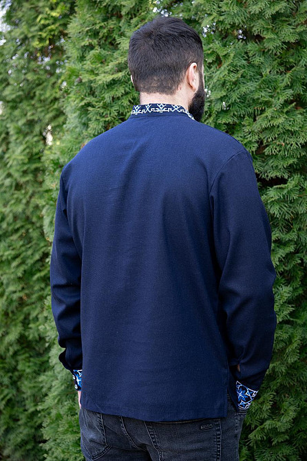 Вышиванка мужская с длинным рукавом, льняная, темно-синяя натуральный лен, вышиванки мужские Киев - изображение 5
