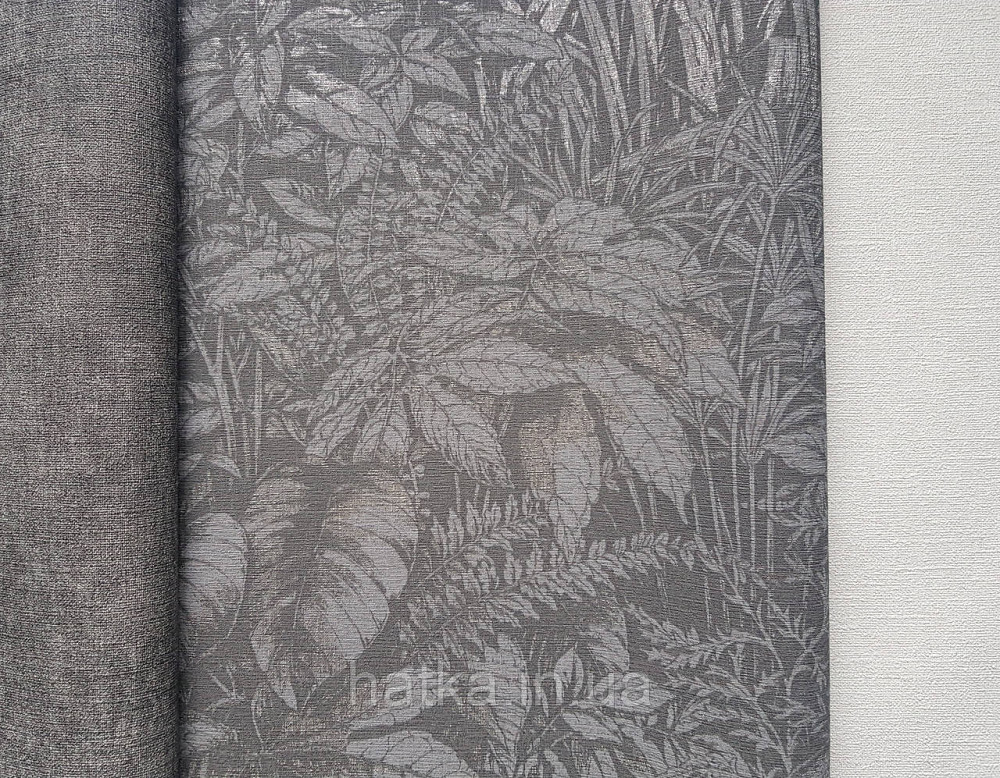 Шпалери вінілові на флізеліні AS creation Amber метрові 1.06Х10 листя гілки темно-сірі чорні зі сріблом Київ - фото 3