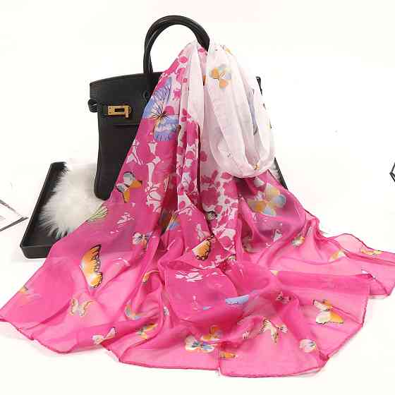 Шарф с бабочками женский шифоновый 145 на 48 см розово-белый Киев