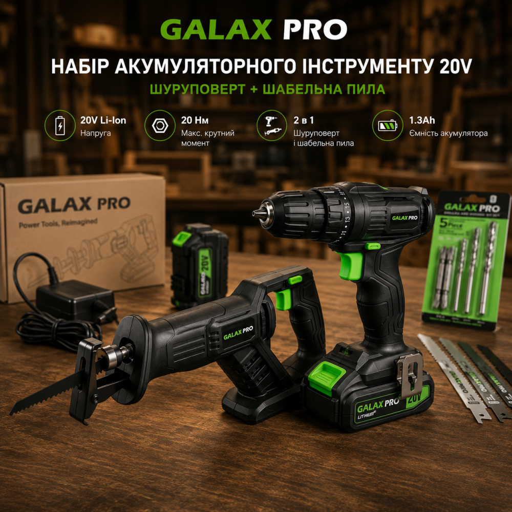 Набір акумуляторного інструменту GALAX PRO 20V: шуруповерт і шабельна пила, Li-Ion 1.3Ah, 20 Нм, пошкоджена коробка Київ - фото 8