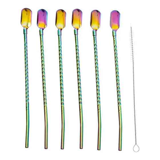 Yiwu Набір багаторазових ложок-трубочок 6 шт для напоїв 22 см зі щіткою для миття з нержавіючої Коломыя