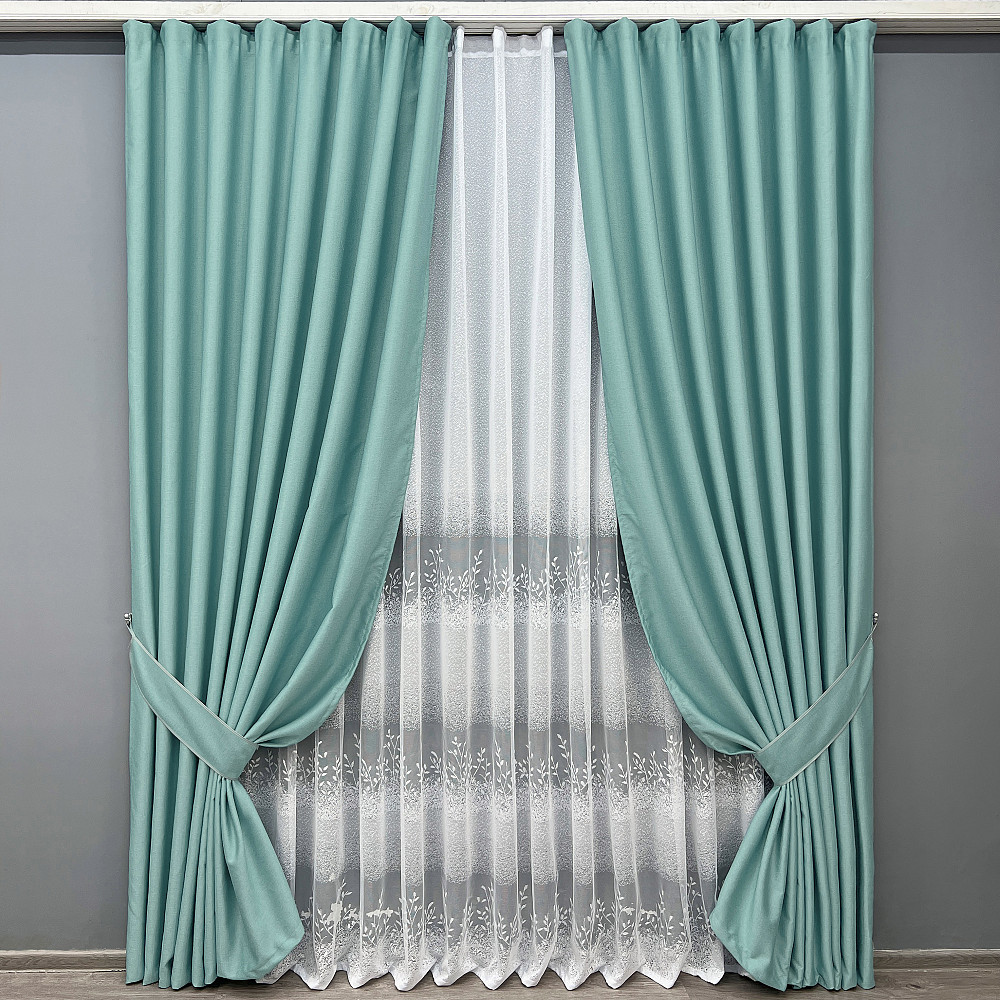 Комплект штор VR-Textil Шеніл 150х270 2шт і Тюль 600х270 1697ш-1680т Світло-бірюзовий з білим 71-197/5 Київ - фото 1