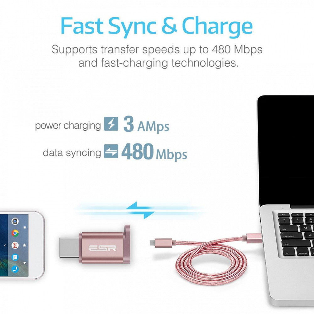 Перехідник Micro USB до USB-C ESR (Рожевий) Миколаїв - фото 9