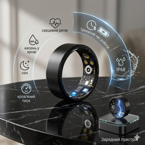 Розумне кільце Smart Ring SUNOL Black (Size 9): моніторинг здоров'я, сну, тиску та кисню, IP68, iOS/Android + Зарядний кейс Київ