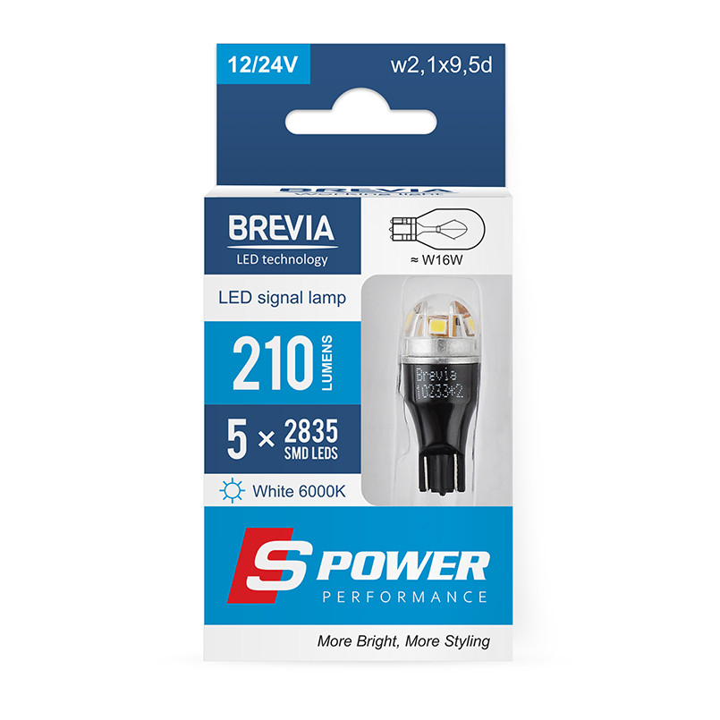 Автолампа Brevia S-Power LED W16W 210Lm 5x2835SMD 12/24V CANbus, 2шт Львів - фото 1