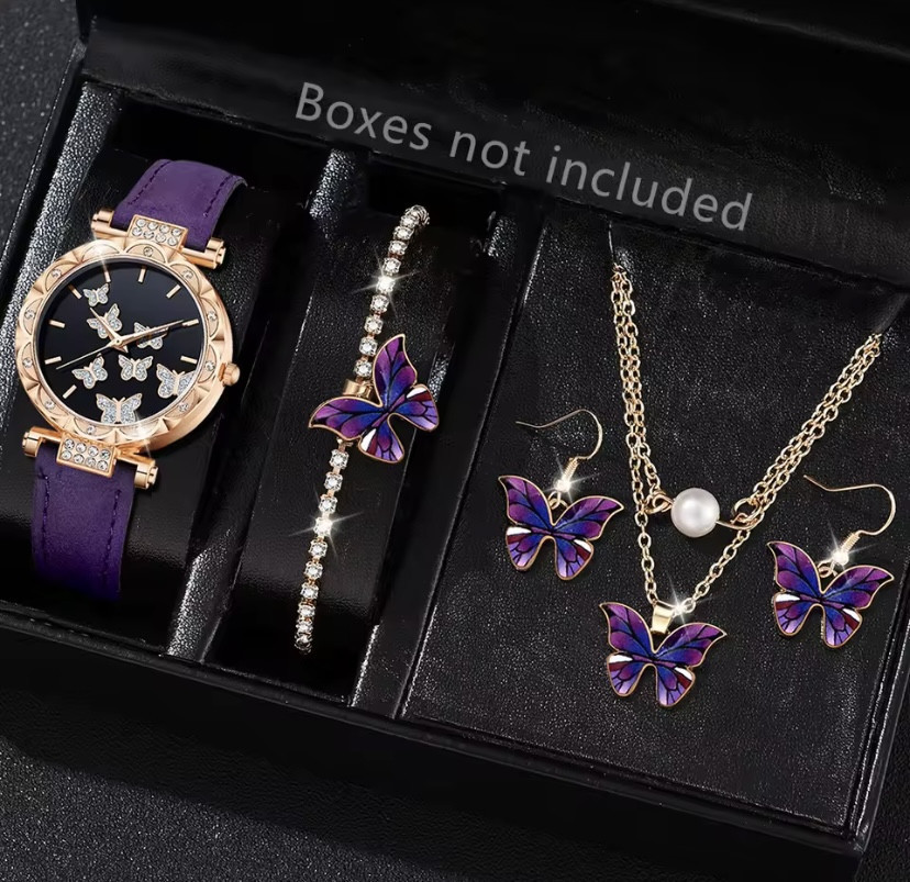 Подарочный набор для женщин Бабочка наручные часы браслет ожерелье и серьги фиолетовый Киев - изображение 1
