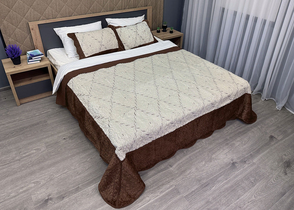 Покривало двостороннє з хутром 210x230 (+-10 см) і 2 наволочки колір коричневий з молочним (85-155) Київ - фото 2