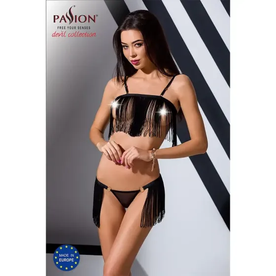 Комплект білизни Passion Exclusive KASSANDRA SET OpenBra L/XL black, ліф з бахроми, трусики-спідниця Львів