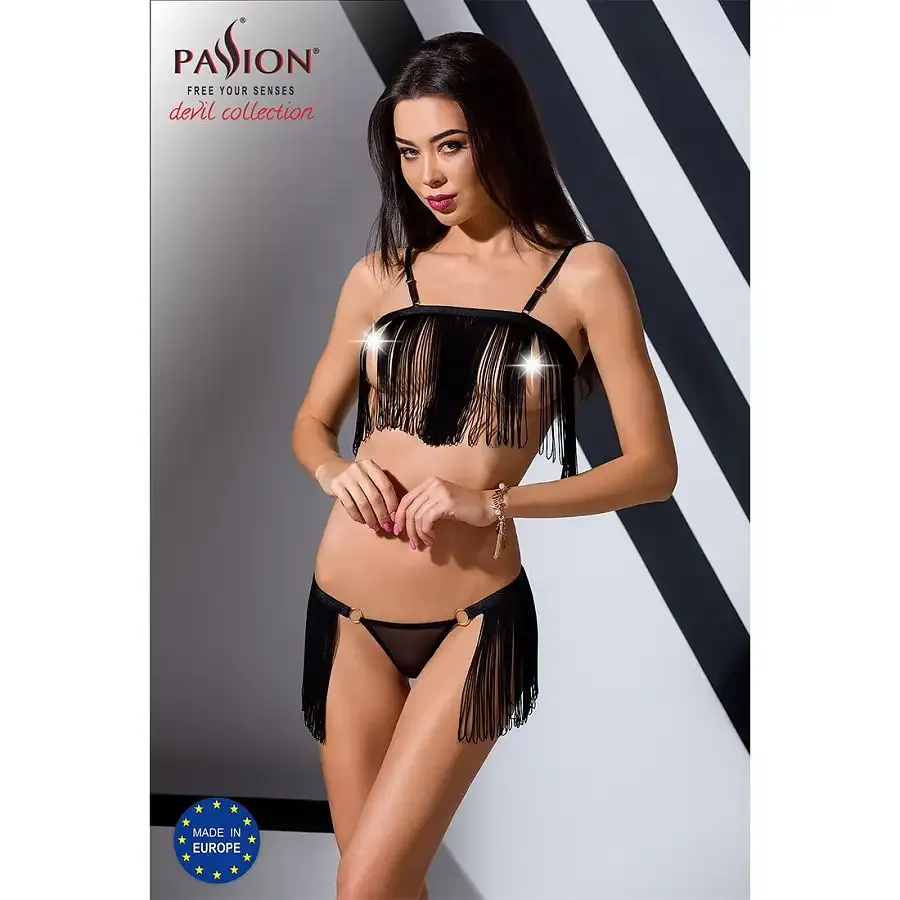 Комплект білизни Passion Exclusive KASSANDRA SET OpenBra L/XL black, ліф з бахроми, трусики-спідниця Львів - фото 4
