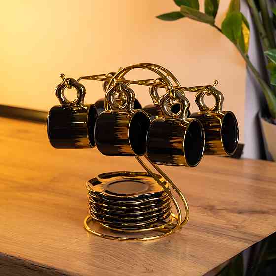 Yiwu Набір чашок для кави на металевій підставці 6 (шт) по 100 (мл) Чорний з золотом FM-47 Коломия