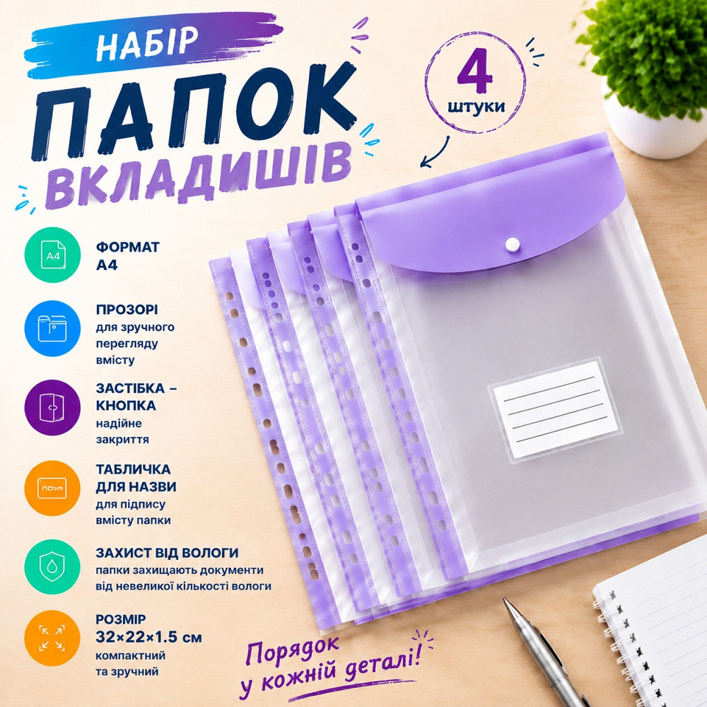Набор папок-файлов с кнопкой для документов 4 шт формат А4 папка-конверт для фолдера папки-органайзеры прозрачные, фиолетовый Каменец-Подольский - изображение 1