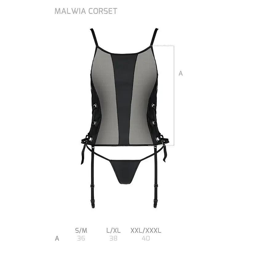 Сітчастий корсет з люверсами та знімними пажами Passion MALWIA CORSET S/M, black, екошкіра, стрінги Львов - изображение 7