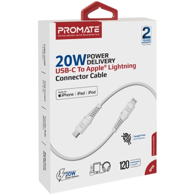 Дата кабель USB-C to Lightning 1.2m 20W PD MFi POWERLINE-CI120 black Promate (powerline-ci120.white) Вінниця - фото 2