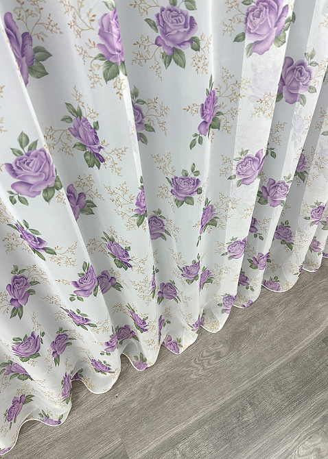 Тюль шифонова з принтом колір білий з бузковим 1800т Київ - фото 8