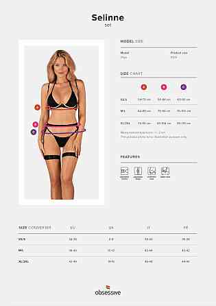 Комплект білизни Obsessive Selinne 3-pcs set M/L Black, бюстгальтер, стрінги пояс для панчіх Sex Aura Київ