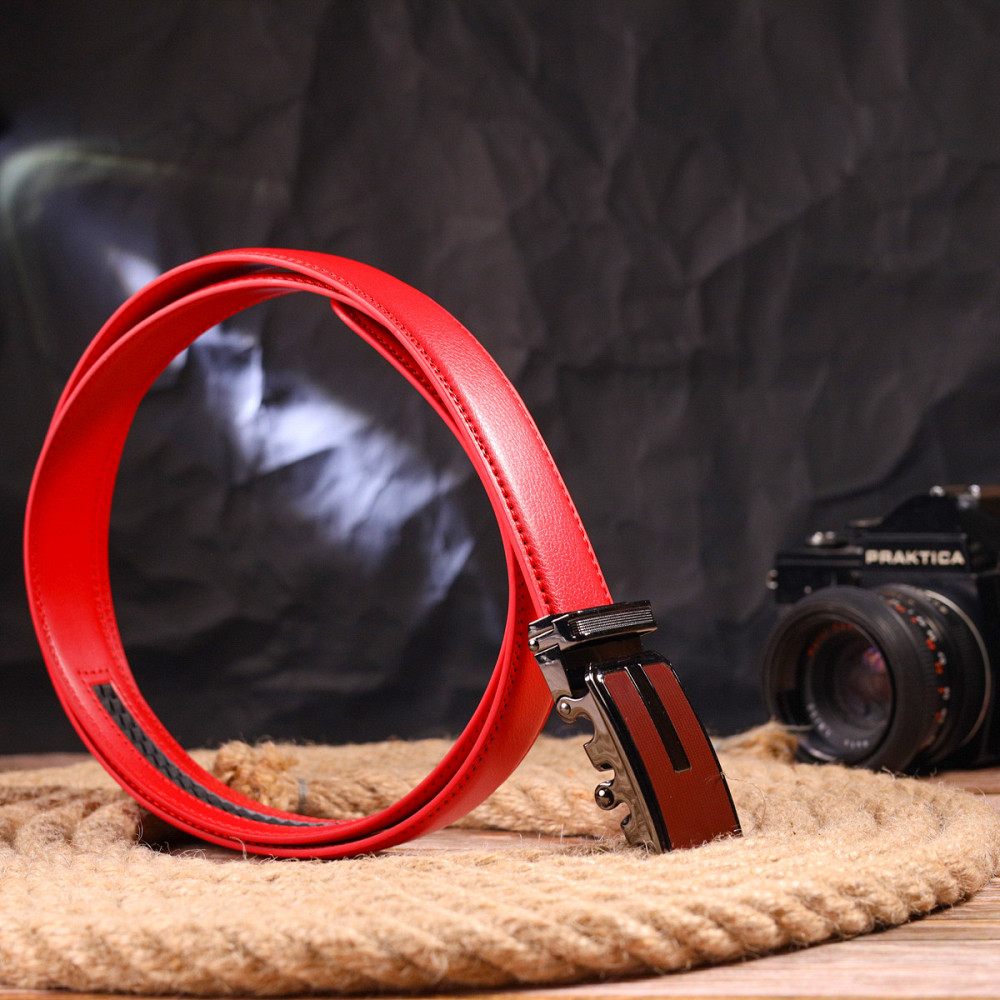 Брючный ремень с пряжкой-автомат из натуральной кожи Vintage 20220 Красный Киев - изображение 8