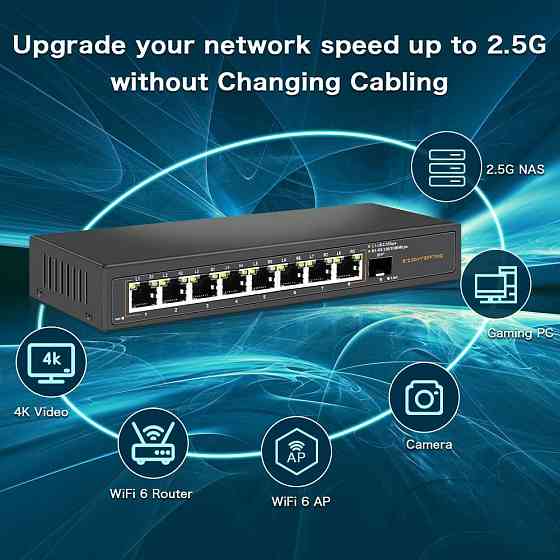 Davuaz 2.5G Ethernet комутатор з 8 портами 2.5G Base-T та 1 портом 10G SFP, безвентиляторний, Plug & Київ