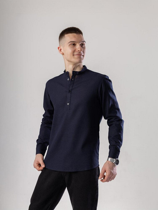 Рубашка из льна мужская синяя однотонная синяя. Рубашка casual на пуговицах синяя Pobedov Exlnt Киев - изображение 1
