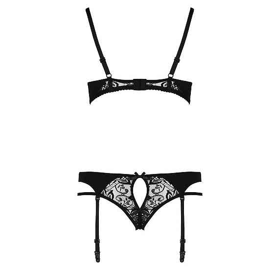 Комплект білизни Passion PAULINE SET XXL/XXXL, black, стрепи, ліф, стрінги і пояс для панчох Sex Aura Київ