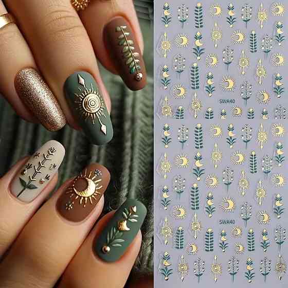 Набор наклеек для ногтей 2 листа — золотые элементы, солнце, луна, растения Киев