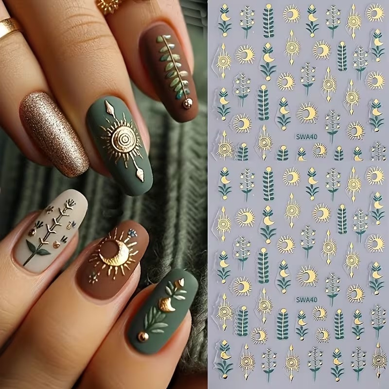 Набор наклеек для ногтей 2 листа — золотые элементы, солнце, луна, растения Киев - изображение 3
