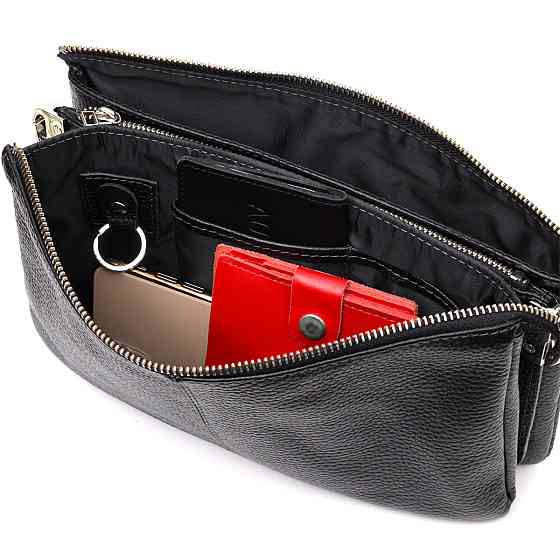 Зручний жіночий клатч із натуральної зернистої шкіри Чорний (GRANDE PELLE) Київ