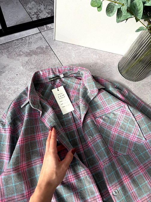 Женская повседневная оверсайз рубашка в клетку фланель 100% коттон Розовый, 42/46 Одесса - изображение 3