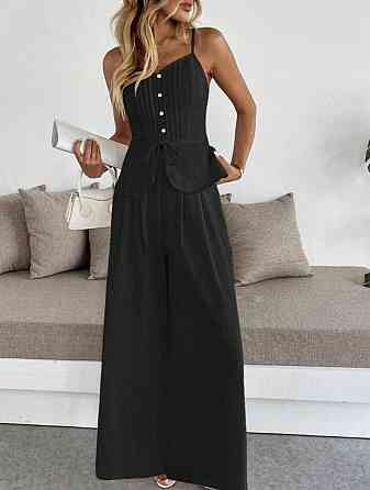 Женский летний брючный костюм двойка: топ и брюки лён Черный, 50/52 Одесса