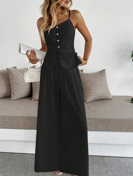 Женский летний брючный костюм двойка: топ и брюки лён Черный, 50/52 Одесса - изображение 3