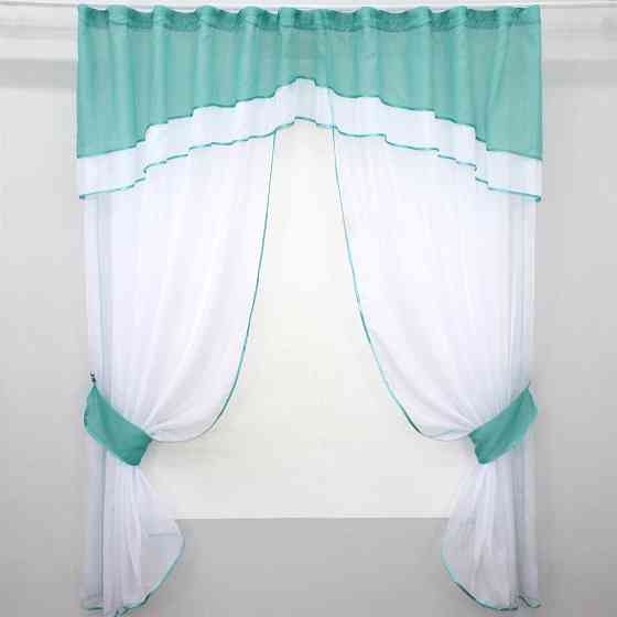 Кухонный комплект VR-Textil № 084к шторки с ламбрекеном белый с бирюзовым 280х170 см (52-0566) Киев