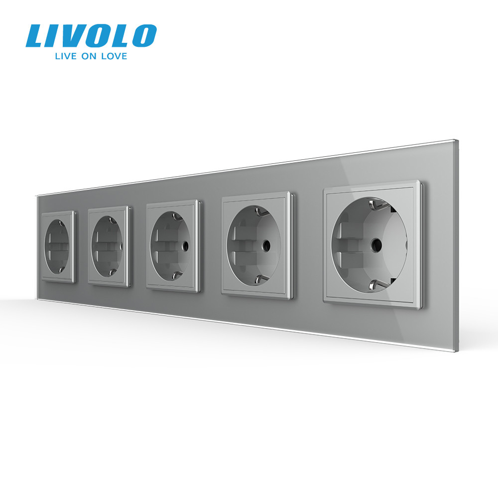 LIVOLO П’ятимісна електрична розетка з заземленням LIVOLO, сіра, скляна рамка, шторки, 250В 16А Коломия - фото 3