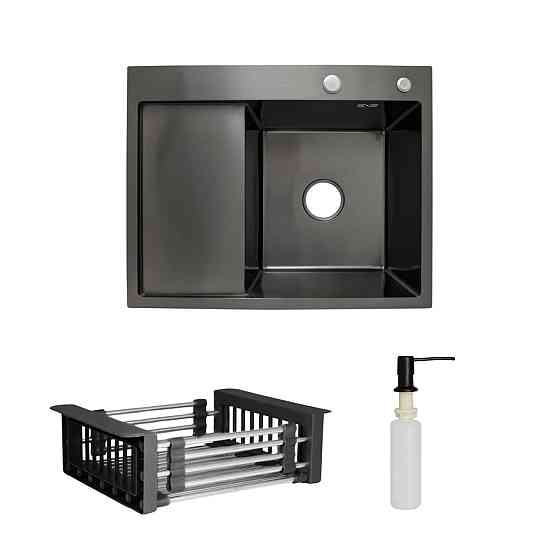Комплект Lidz Handmade H6350BL Мийка для кухні інтегрована крило зліва BlackPVD у комплекті з дозатором + Lidz K01B Кошик Київ