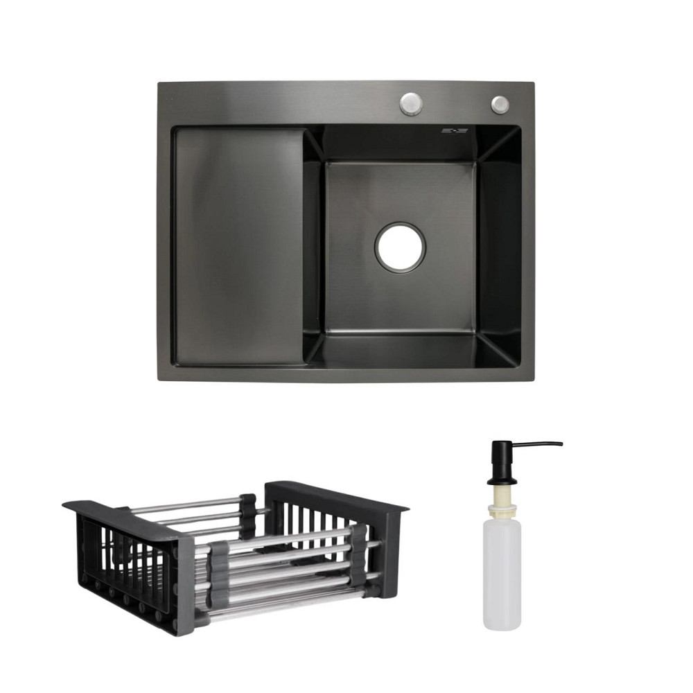 Комплект Lidz Handmade H6350BL Мийка для кухні інтегрована крило зліва BlackPVD у комплекті з дозатором + Lidz K01B Кошик Київ - фото 1