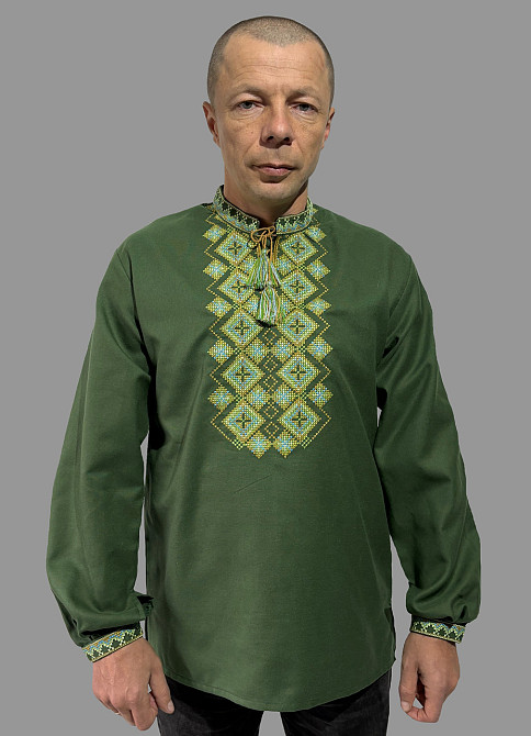 Чоловіча натуральна зелена вишиванка з ніжною вишивкою 54 Київ - фото 1