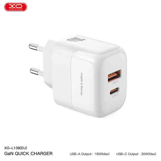 Мережевий зарядний пристрій XO L138 PD30W/QC18W 1USB-A+1USB-C + Lightning кабель білий Львів