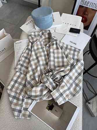 Жіноча стильна сорочка оверсайз у клітинку з ефектом надірваних рукавів тіар. Бежевий Одеса