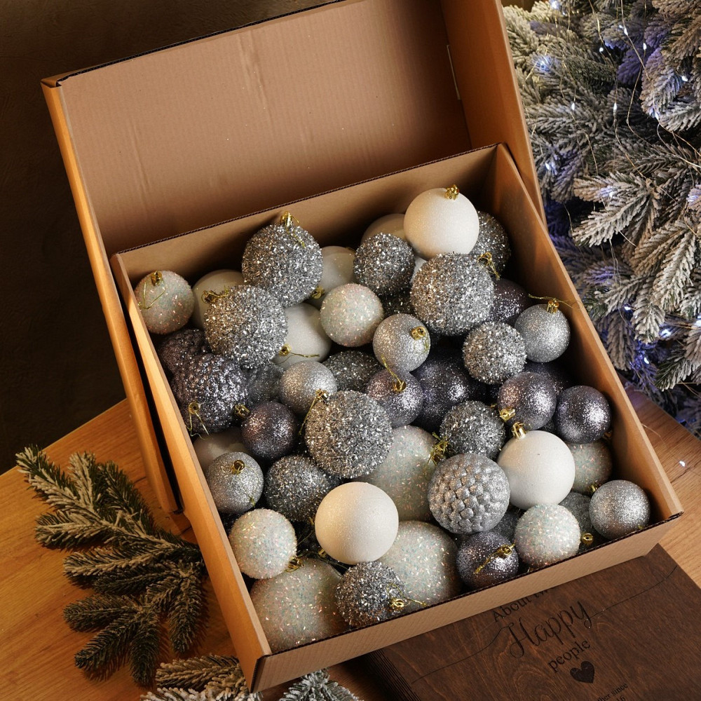 Набор новогодних игрушек на елку «Блеск» 40 шт Серебряный елочные игрушки шарики украшения для елки Киев - изображение 1