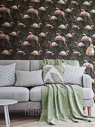 Шпалери флізелінові еко Decoprint Essentials EE22533 рожевий фламінго листя папороті на зеленому Київ