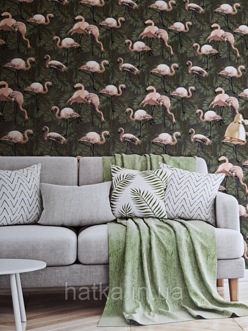 Шпалери флізелінові еко Decoprint Essentials EE22533 рожевий фламінго листя папороті на зеленому Київ - фото 1
