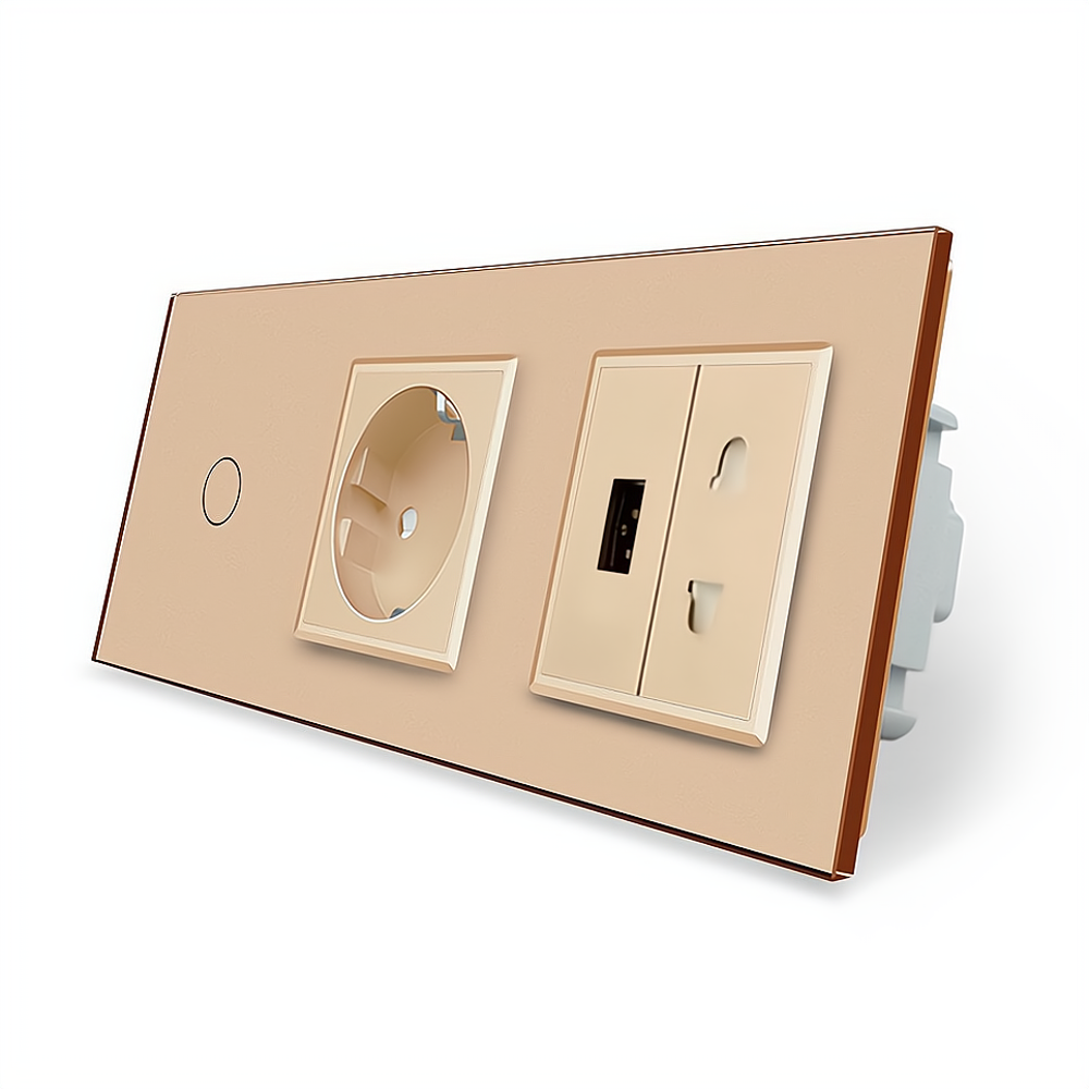 LIVOLO Сенсорний вимикач 1 сенсор 1 розетка 1 USB 1 розетка універсальна Livolo золотий скло (V Київ - фото 1