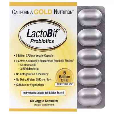 Пробіотики California Gold Nutrition Пробіотик LactoBif, Probiotics, 5 млрд КУО, 60 овочевих капс (CGN-00963) Вінниця