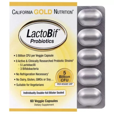 Пробіотики California Gold Nutrition Пробіотик LactoBif, Probiotics, 5 млрд КУО, 60 овочевих капс (CGN-00963) Вінниця - фото 1