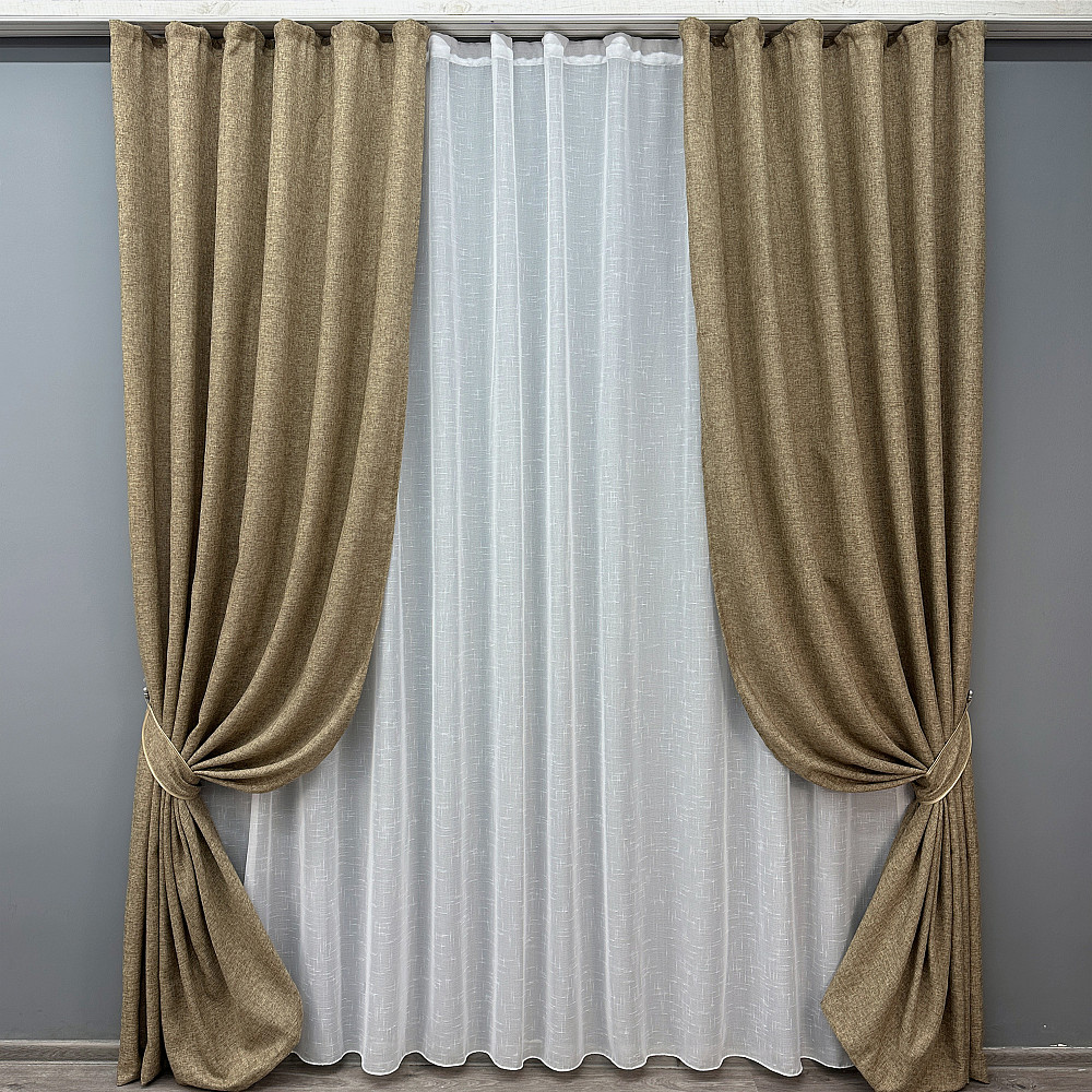 Комплект штор VR-Textil Льон Мішковина 150х270 2шт і Тюль 500х270 1768ш-115т Мигдальний з білим 71-052/4 Київ - фото 1